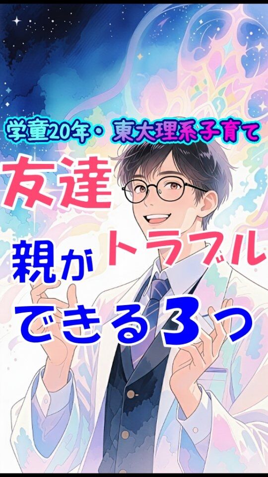 他の投稿はこちら→@jam_kitaishinai  ====================
プロフィール  ・保育・学童クラブ20年
・東大出身の超理系
・10万PVブログ運営
・嫁に逃げられ情報商材に100万散財
・小学生の子育て中
・元パチプロ、確率論で攻略し通算1000万  ====================
今回の詳しい内容  学童や小学校で友達とのトラブル、親がそばにいないし、知らない友達の名前出てくると心配になる。  そんなとき親ができることは3つある。  間違い対応を先に言っとくと「その子と遊ぶな」と我が子へ指示して無視させること、「関わらせるな」と先生に連絡して対応を迫ること。  これら一番ダメな間違い。いつでもどこでも出てくる相性悪い人に、全て関わらせない、なんて無理。
コミュニーケーション力育たず孤立するだけ  だから正解は
①スルーを教える
「はいはい」って心の中で言わせ、相手にしない。将来現れるバカ相手に必ず役立つスキルよね。スルーって、無視しないけど心の中で相手しない方法。  ②助け舟作り
現場にいない親に代わり、担任や学童に言っとくこと。スルーしてもしつこいヤツ絶対いるから。  ③世界を広げること。
これ一番重要、子どもは狭い世界だけで悩みがち。そんね小さい友達グループ、確かにその中にいたら世界のすべてに思えるけど、全くそんな事ないよね。  だから新しい習い事、遠めの公園行ったり、学校にこだわらなくても良いって教えるため、たまに休ませてもいい。  #学童　#子育て　#小学生
====================
他の投稿はこちら→@jam_kitaishinai  質問などはコメントへ
====================  発信内容
・小学生の子育て、親子で楽になる方法
・学童クラブ20年経験から内部事情も暴露
・具体的な子育て悩み解決方法  有益だと思ったら
👉フォローはこちらから　@jam_kitaishinai
